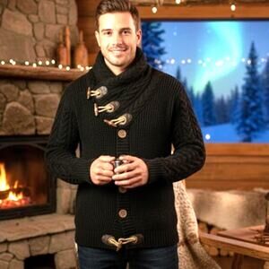 Leif Nelson medium men toggle Cozy Cabin Black sweater chunky knit fisherman